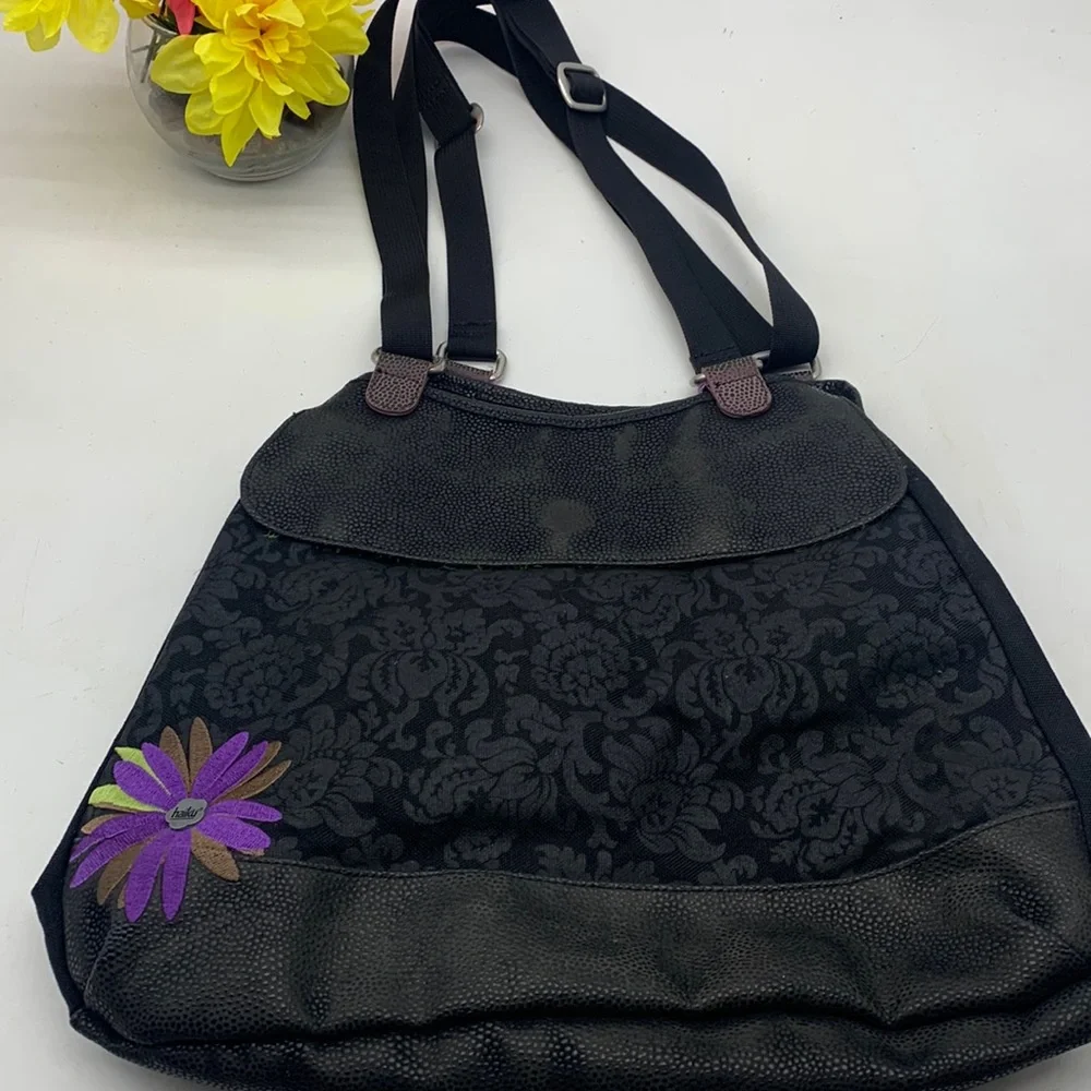 Haiku Black Purple Flower Large Satchel Shoulder Bag. MCB3605
